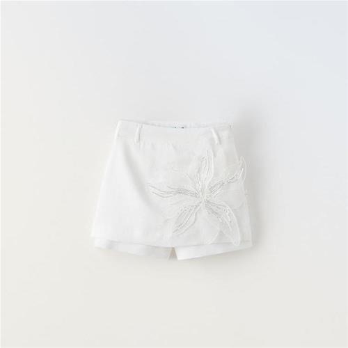 دامن شلواری سفید لینن گل برجسته مارک ZARA کد 0020547