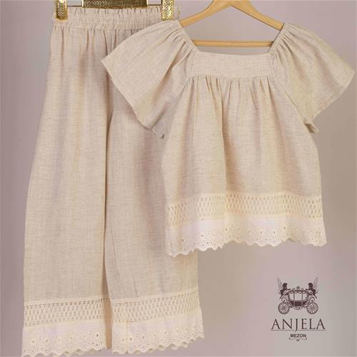 2 تیکه بلوز و شلوار کرم لینن ترک کد 2021025